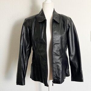 Vintage Leather Jacket with Shoulder pads Moto Classic Black Size Medium Petite